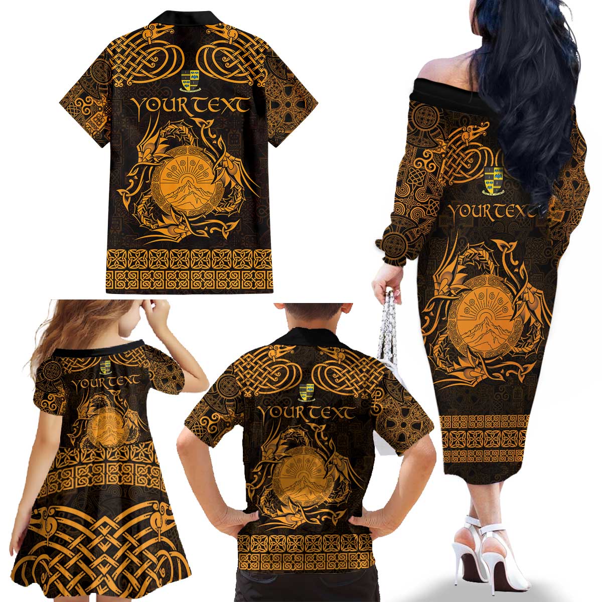 Personalized Brecknockshire Sir Frycheiniog Family Matching Off The Shoulder Long Sleeve Dress and Hawaiian Shirt Gold Brecon Beacons Mountain Celtic-inspired - Wonder Print Shop