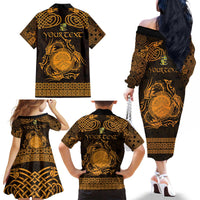 Personalized Brecknockshire Sir Frycheiniog Family Matching Off The Shoulder Long Sleeve Dress and Hawaiian Shirt Gold Brecon Beacons Mountain Celtic-inspired - Wonder Print Shop