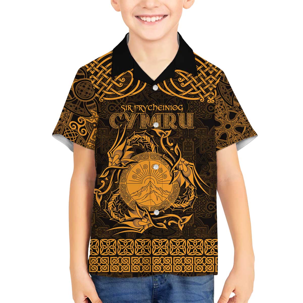 Personalized Brecknockshire Sir Frycheiniog Family Matching Off The Shoulder Long Sleeve Dress and Hawaiian Shirt Gold Brecon Beacons Mountain Celtic-inspired - Wonder Print Shop