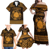 Personalized Brecknockshire Sir Frycheiniog Family Matching Off Shoulder Maxi Dress and Hawaiian Shirt Gold Brecon Beacons Mountain Celtic-inspired - Wonder Print Shop