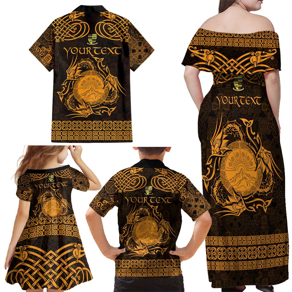 Personalized Brecknockshire Sir Frycheiniog Family Matching Off Shoulder Maxi Dress and Hawaiian Shirt Gold Brecon Beacons Mountain Celtic-inspired - Wonder Print Shop