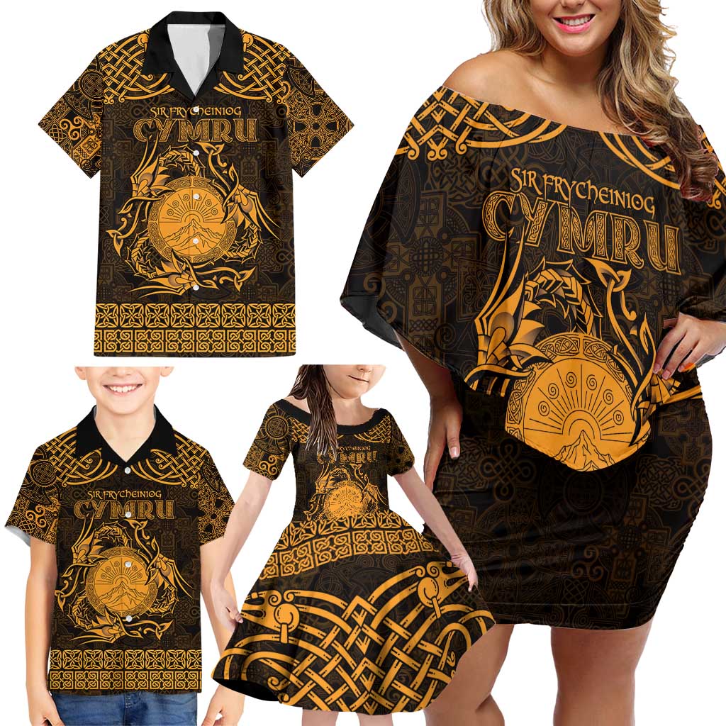 Personalized Brecknockshire Sir Frycheiniog Family Matching Off Shoulder Short Dress and Hawaiian Shirt Gold Brecon Beacons Mountain Celtic-inspired - Wonder Print Shop