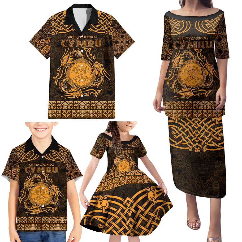 Personalized Brecknockshire Sir Frycheiniog Family Matching Puletasi and Hawaiian Shirt Gold Brecon Beacons Mountain Celtic-inspired - Wonder Print Shop