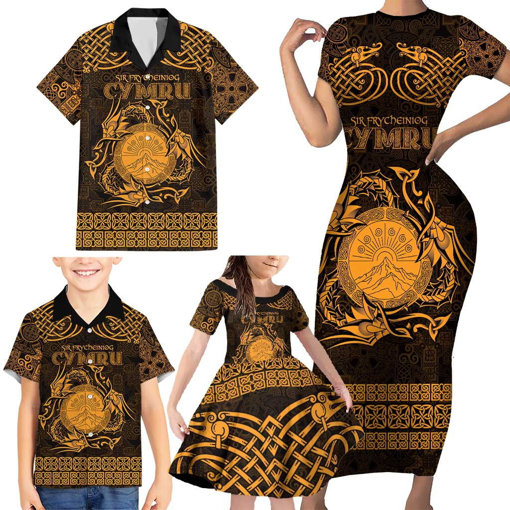 Personalized Brecknockshire Sir Frycheiniog Family Matching Short Sleeve Bodycon Dress and Hawaiian Shirt Gold Brecon Beacons Mountain Celtic-inspired - Wonder Print Shop