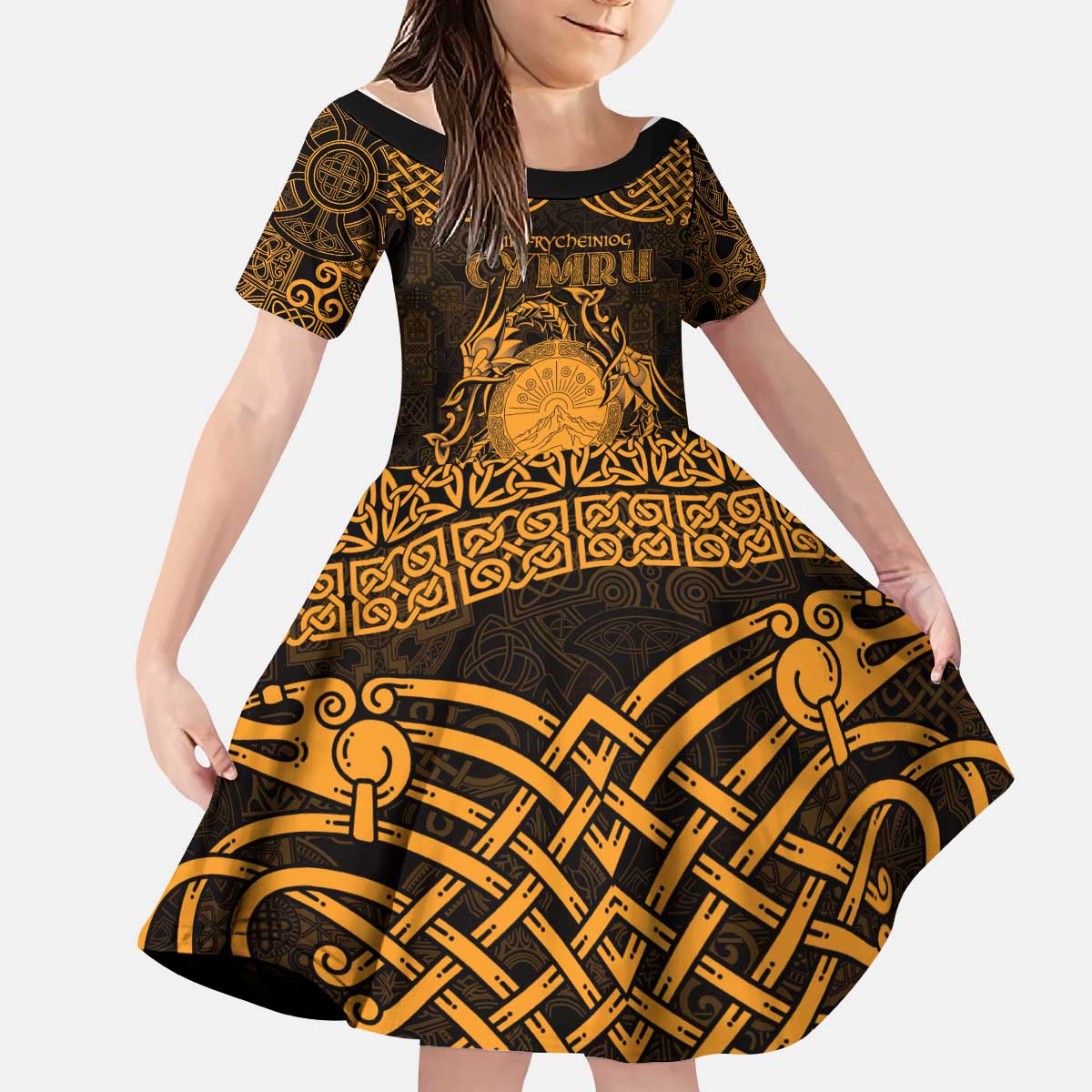 Personalized Brecknockshire Sir Frycheiniog Kid Short Sleeve Dress Gold Brecon Beacons Mountain Celtic-inspired - Wonder Print Shop