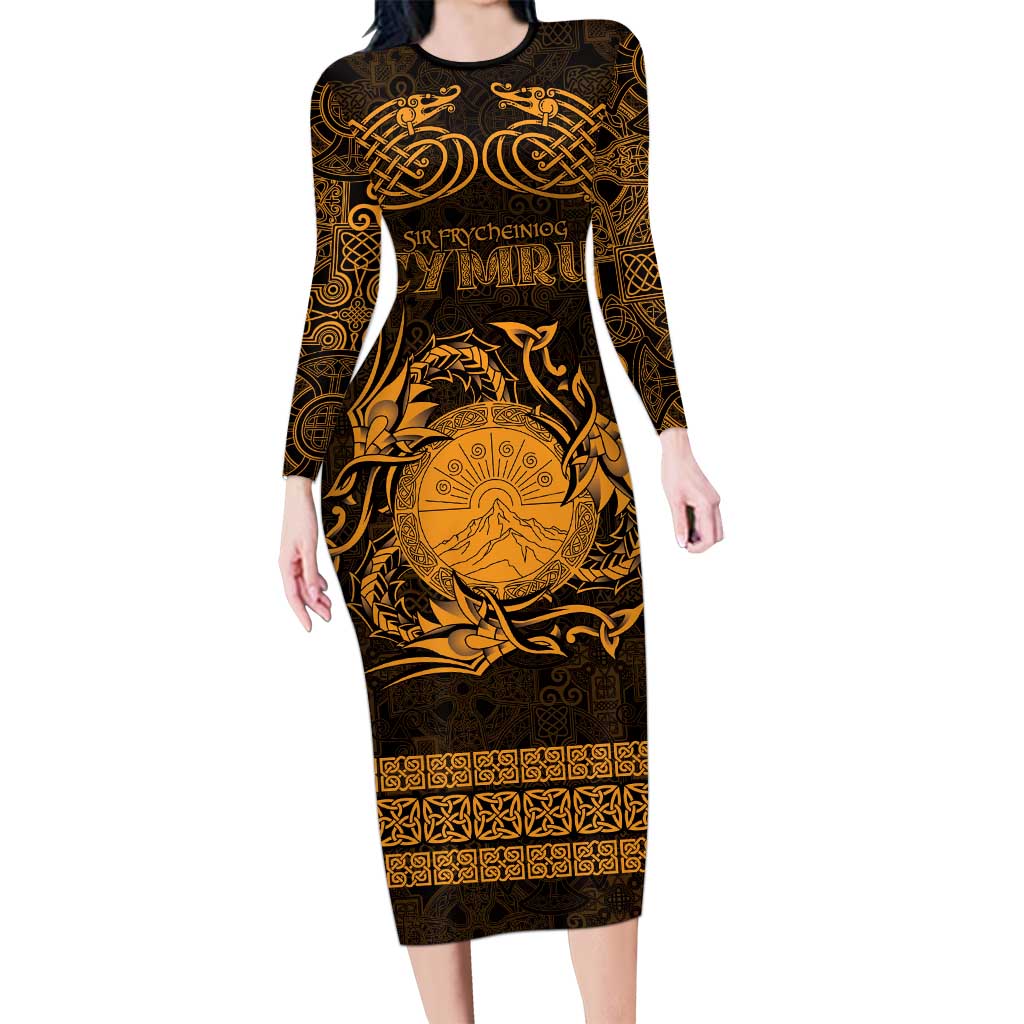 Personalized Brecknockshire Sir Frycheiniog Long Sleeve Bodycon Dress Gold Brecon Beacons Mountain Celtic-inspired - Wonder Print Shop