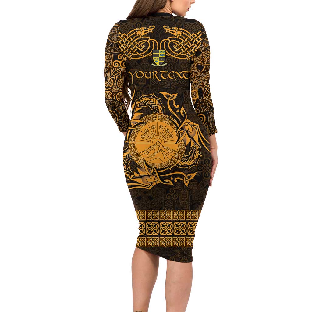 Personalized Brecknockshire Sir Frycheiniog Long Sleeve Bodycon Dress Gold Brecon Beacons Mountain Celtic-inspired - Wonder Print Shop