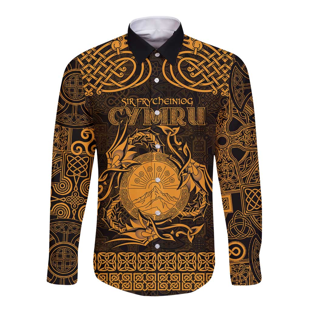Personalized Brecknockshire Sir Frycheiniog Long Sleeve Button Shirt Gold Brecon Beacons Mountain Celtic-inspired - Wonder Print Shop