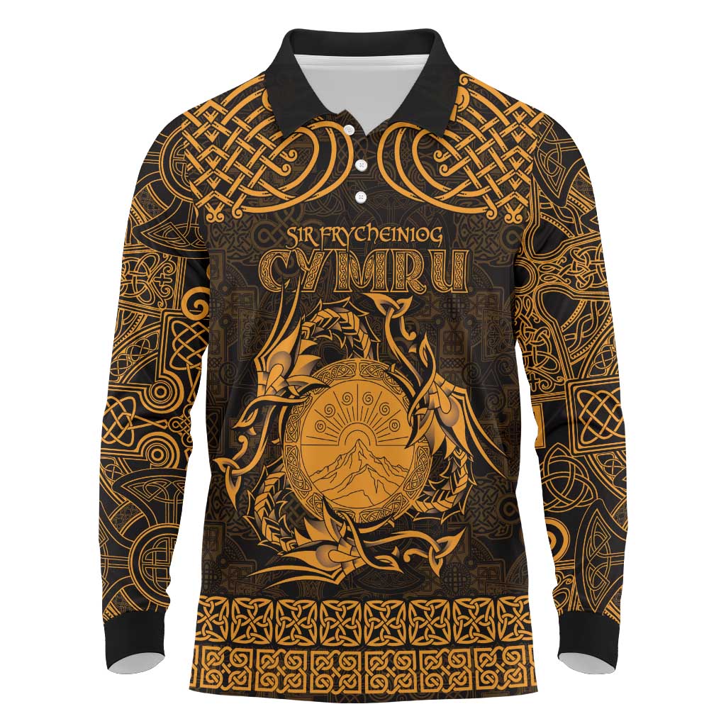 Personalized Brecknockshire Sir Frycheiniog Long Sleeve Polo Shirt Gold Brecon Beacons Mountain Celtic-inspired - Wonder Print Shop