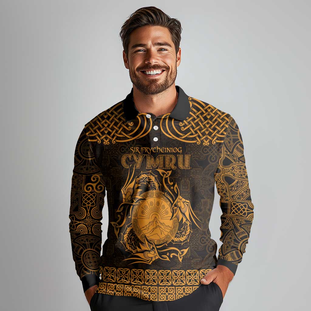 Personalized Brecknockshire Sir Frycheiniog Long Sleeve Polo Shirt Gold Brecon Beacons Mountain Celtic-inspired - Wonder Print Shop