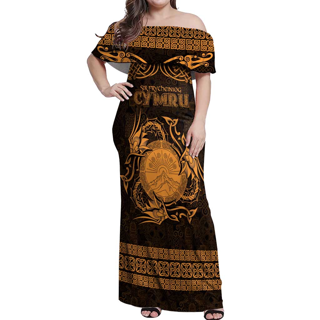 Personalized Brecknockshire Sir Frycheiniog Off Shoulder Maxi Dress Gold Brecon Beacons Mountain Celtic-inspired - Wonder Print Shop