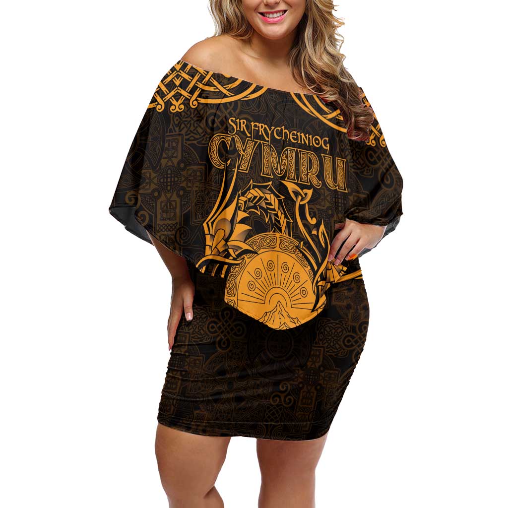 Personalized Brecknockshire Sir Frycheiniog Off Shoulder Short Dress Gold Brecon Beacons Mountain Celtic-inspired - Wonder Print Shop
