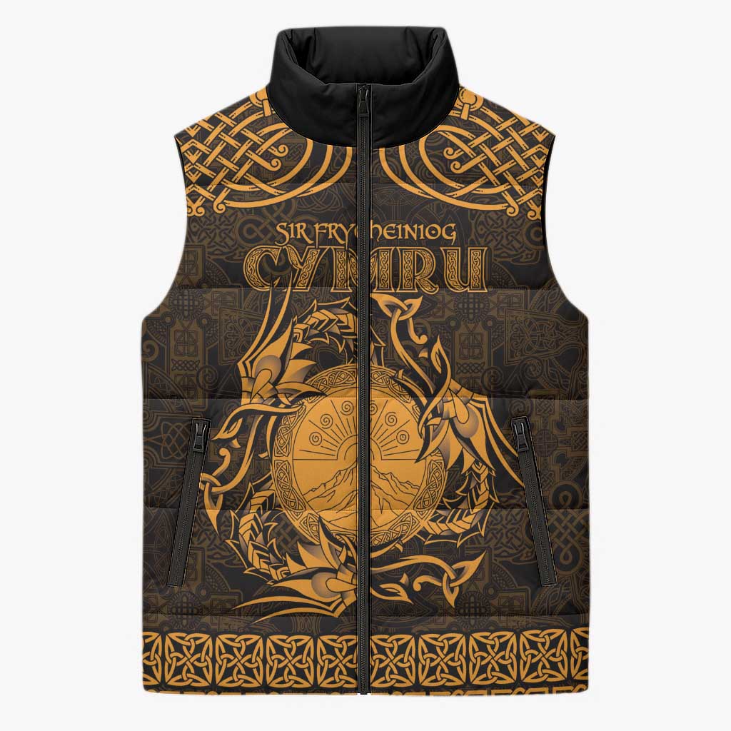 Personalized Brecknockshire Sir Frycheiniog Sleeveless Puffer Jacket Gold Brecon Beacons Mountain Celtic-inspired - Wonder Print Shop