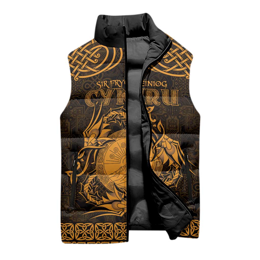 Personalized Brecknockshire Sir Frycheiniog Sleeveless Puffer Jacket Gold Brecon Beacons Mountain Celtic-inspired - Wonder Print Shop