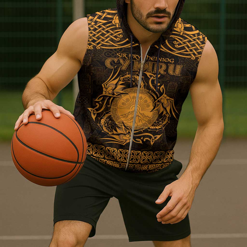 Personalized Brecknockshire Sir Frycheiniog Sleeveless Zip Hoodie Gold Brecon Beacons Mountain Celtic-inspired - Wonder Print Shop