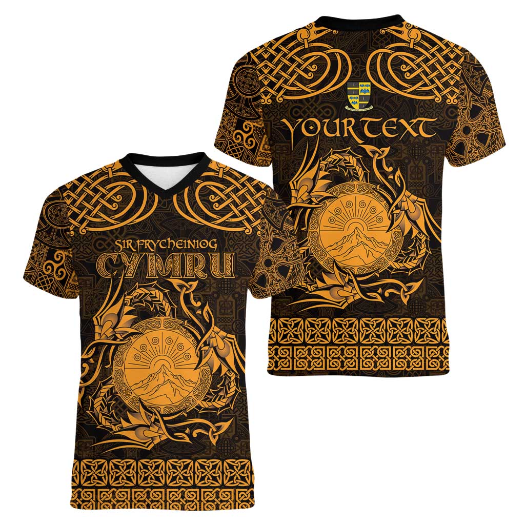 Personalized Brecknockshire Sir Frycheiniog Women V-Neck T-Shirt Gold Brecon Beacons Mountain Celtic-inspired - Wonder Print Shop