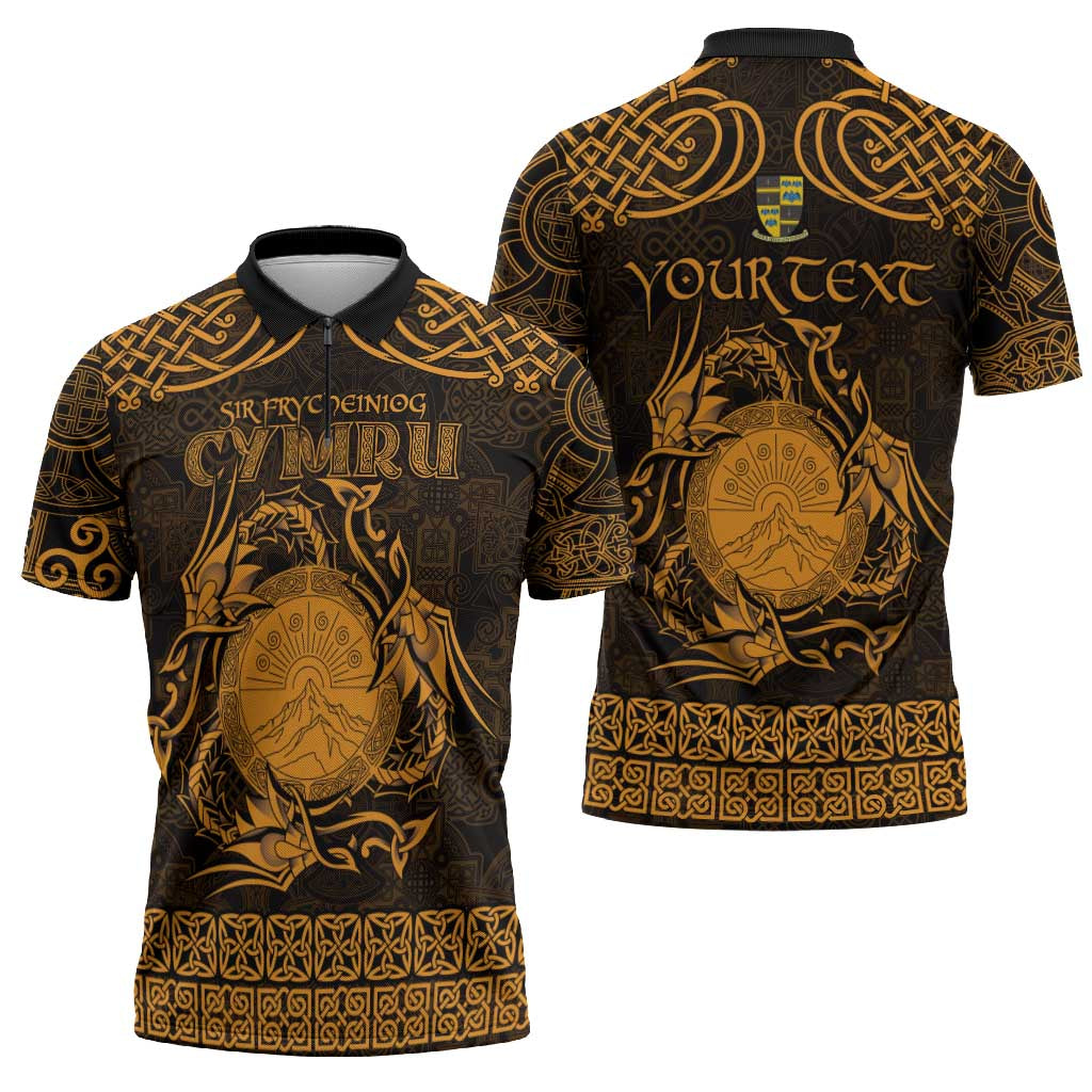 Personalized Brecknockshire Sir Frycheiniog Zipper Polo Shirt Gold Brecon Beacons Mountain Celtic-inspired - Wonder Print Shop