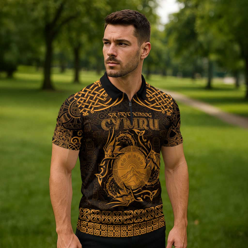 Personalized Brecknockshire Sir Frycheiniog Zipper Polo Shirt Gold Brecon Beacons Mountain Celtic-inspired - Wonder Print Shop
