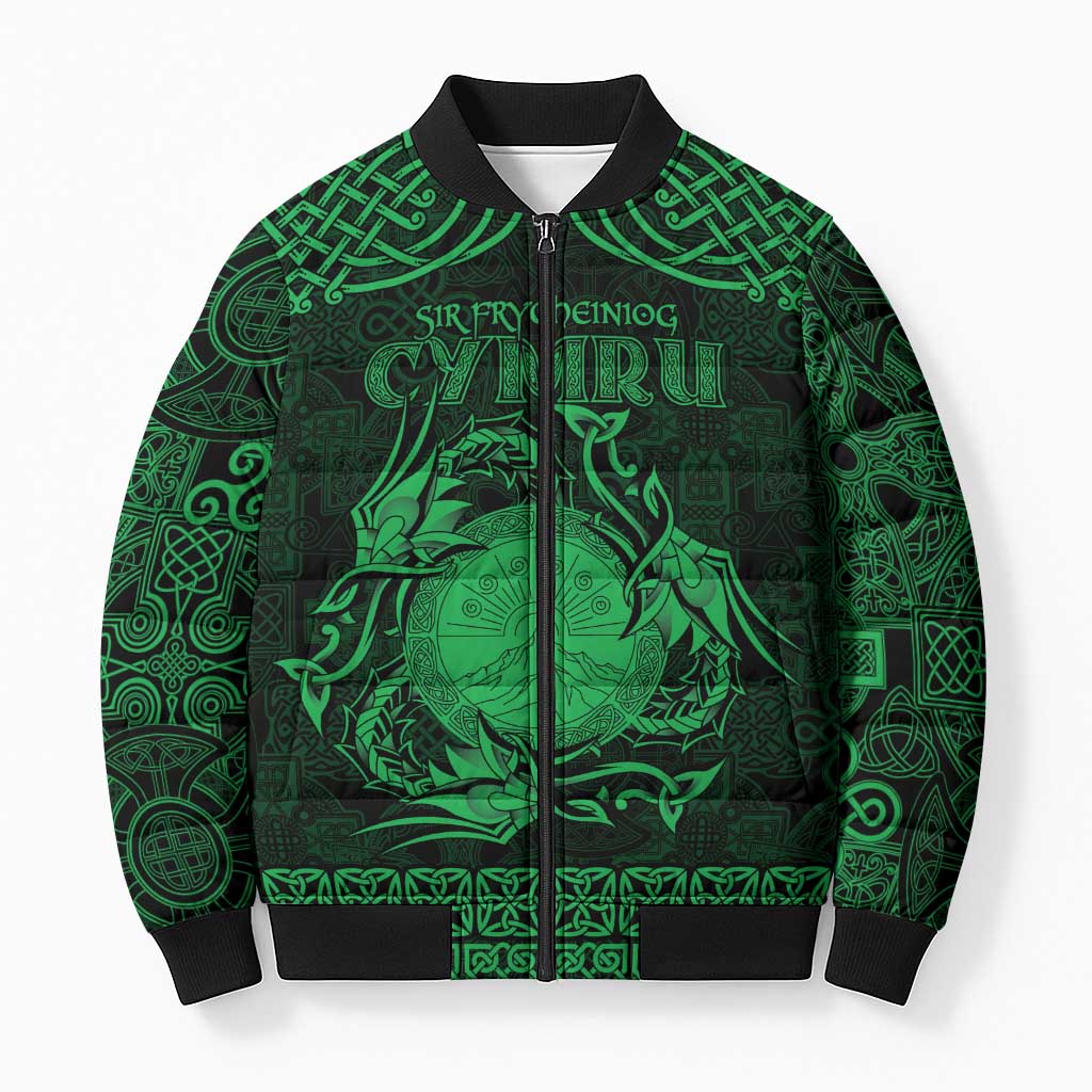 Personalized Brecknockshire Sir Frycheiniog Bomber Puffer Jacket Green Brecon Beacons Mountain Celtic-inspired - Wonder Print Shop