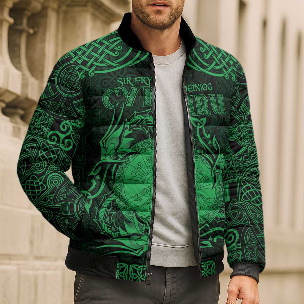 Personalized Brecknockshire Sir Frycheiniog Bomber Puffer Jacket Green Brecon Beacons Mountain Celtic-inspired - Wonder Print Shop
