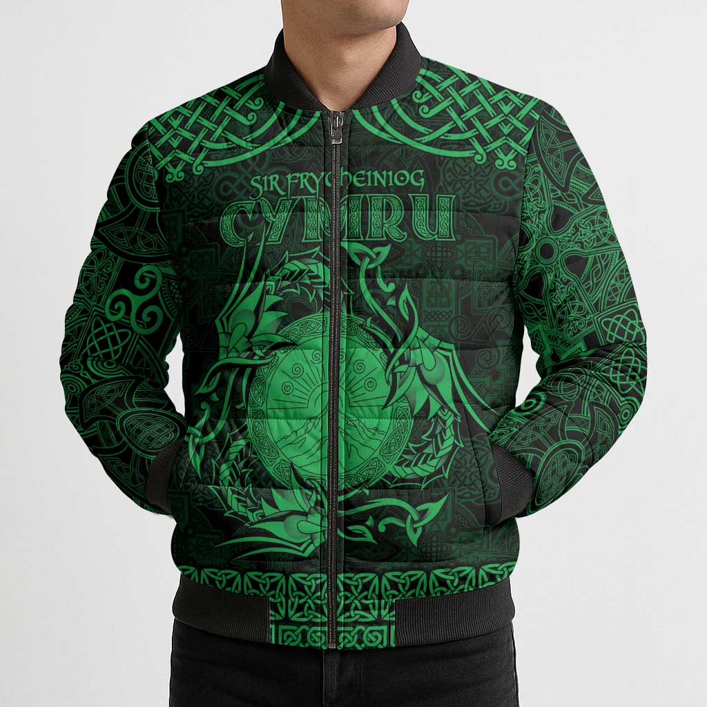 Personalized Brecknockshire Sir Frycheiniog Bomber Puffer Jacket Green Brecon Beacons Mountain Celtic-inspired - Wonder Print Shop