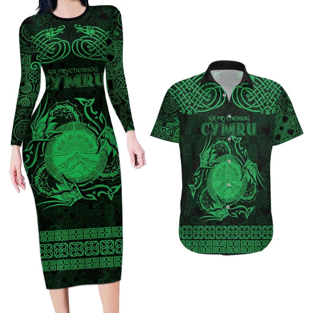 Personalized Brecknockshire Sir Frycheiniog Couples Matching Long Sleeve Bodycon Dress and Hawaiian Shirt Green Brecon Beacons Mountain Celtic-inspired - Wonder Print Shop