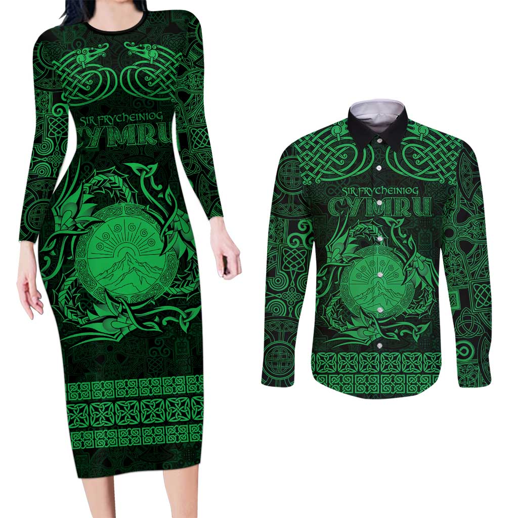 Personalized Brecknockshire Sir Frycheiniog Couples Matching Long Sleeve Bodycon Dress and Long Sleeve Button Shirt Green Brecon Beacons Mountain Celtic-inspired - Wonder Print Shop