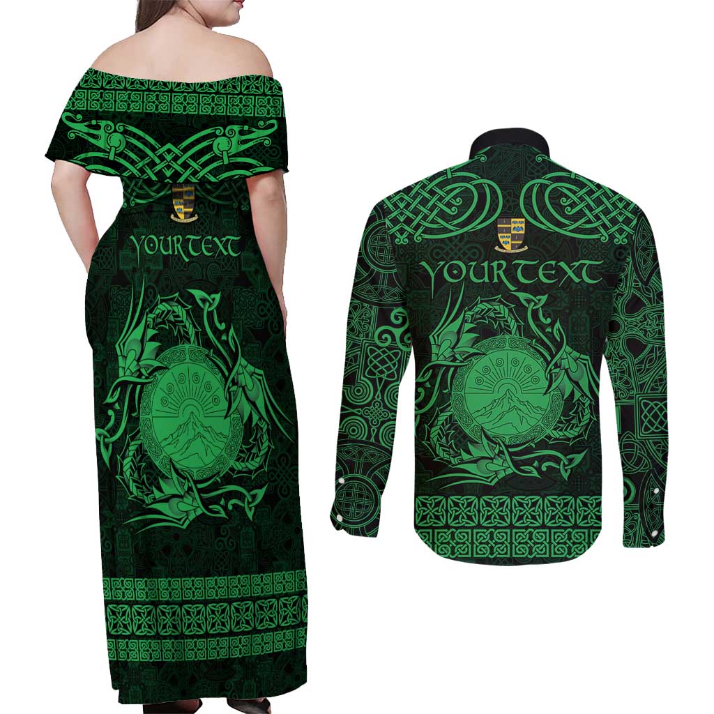 Personalized Brecknockshire Sir Frycheiniog Couples Matching Off Shoulder Maxi Dress and Long Sleeve Button Shirt Green Brecon Beacons Mountain Celtic-inspired - Wonder Print Shop