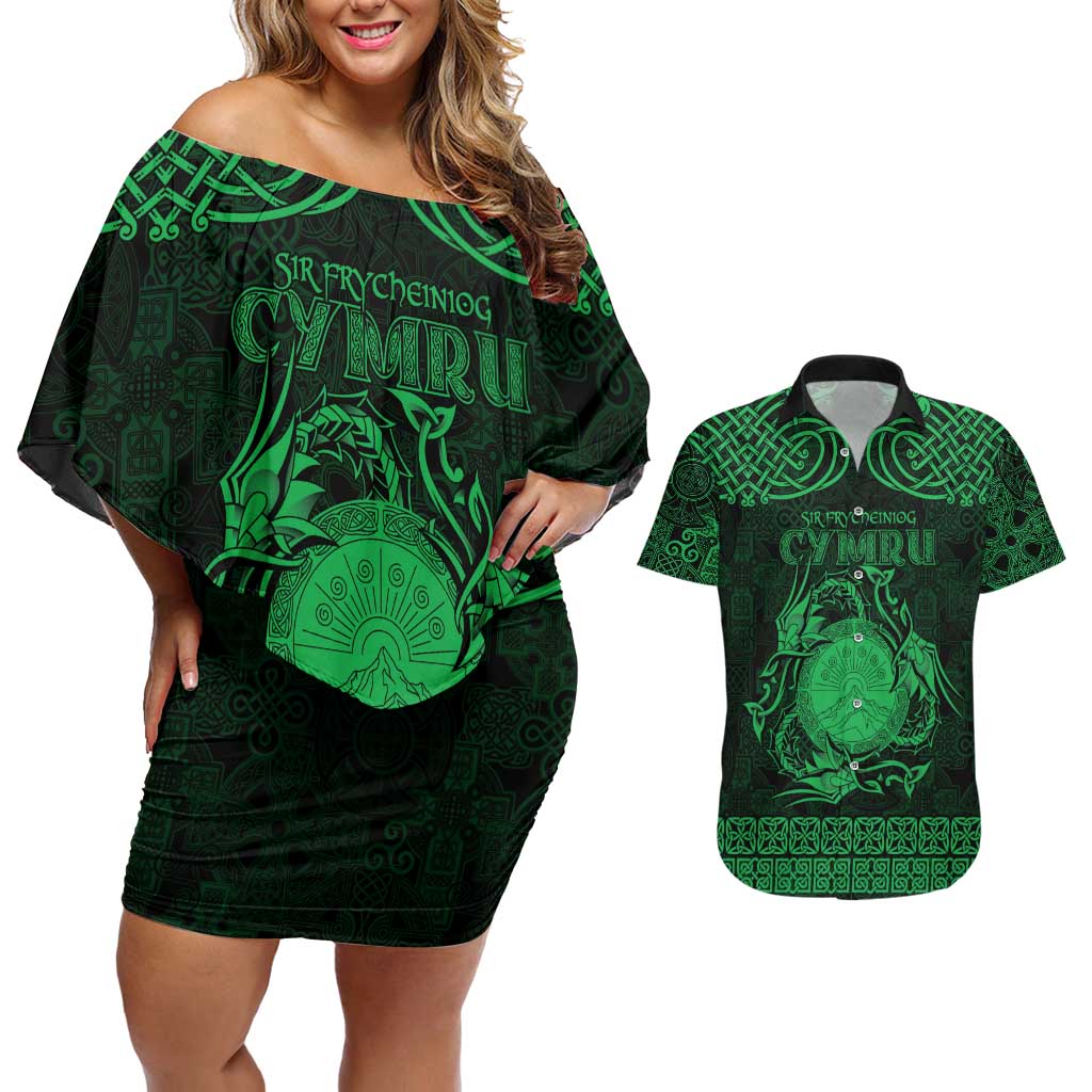 Personalized Brecknockshire Sir Frycheiniog Couples Matching Off Shoulder Short Dress and Hawaiian Shirt Green Brecon Beacons Mountain Celtic-inspired - Wonder Print Shop