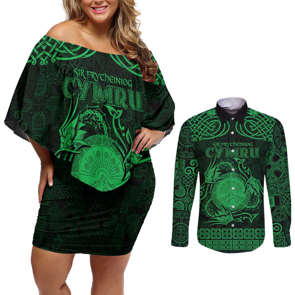 Personalized Brecknockshire Sir Frycheiniog Couples Matching Off Shoulder Short Dress and Long Sleeve Button Shirt Green Brecon Beacons Mountain Celtic-inspired - Wonder Print Shop