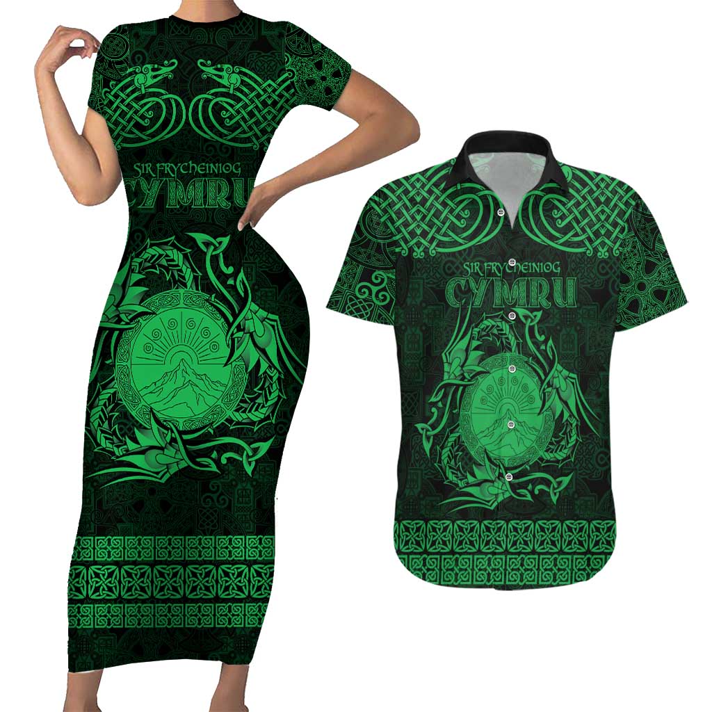 Personalized Brecknockshire Sir Frycheiniog Couples Matching Short Sleeve Bodycon Dress and Hawaiian Shirt Green Brecon Beacons Mountain Celtic-inspired - Wonder Print Shop