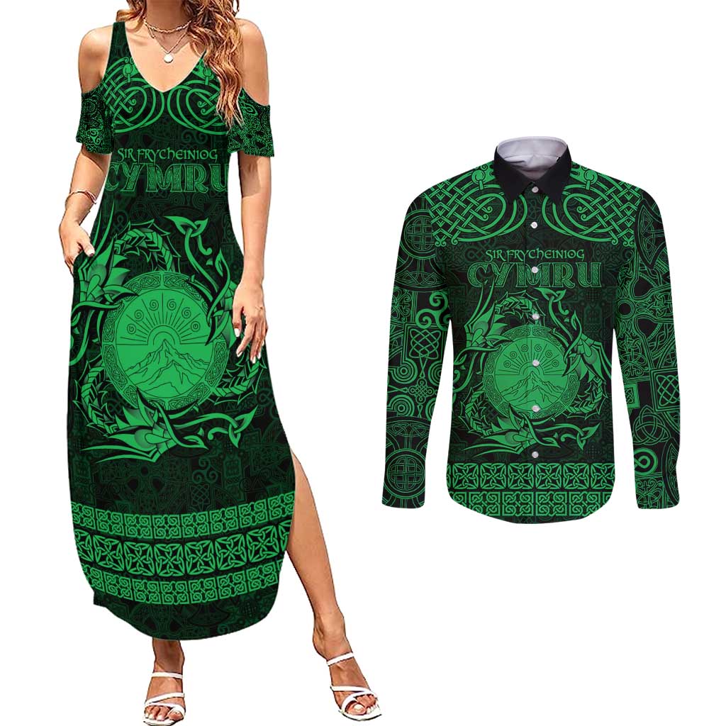 Personalized Brecknockshire Sir Frycheiniog Couples Matching Summer Maxi Dress and Long Sleeve Button Shirt Green Brecon Beacons Mountain Celtic-inspired - Wonder Print Shop