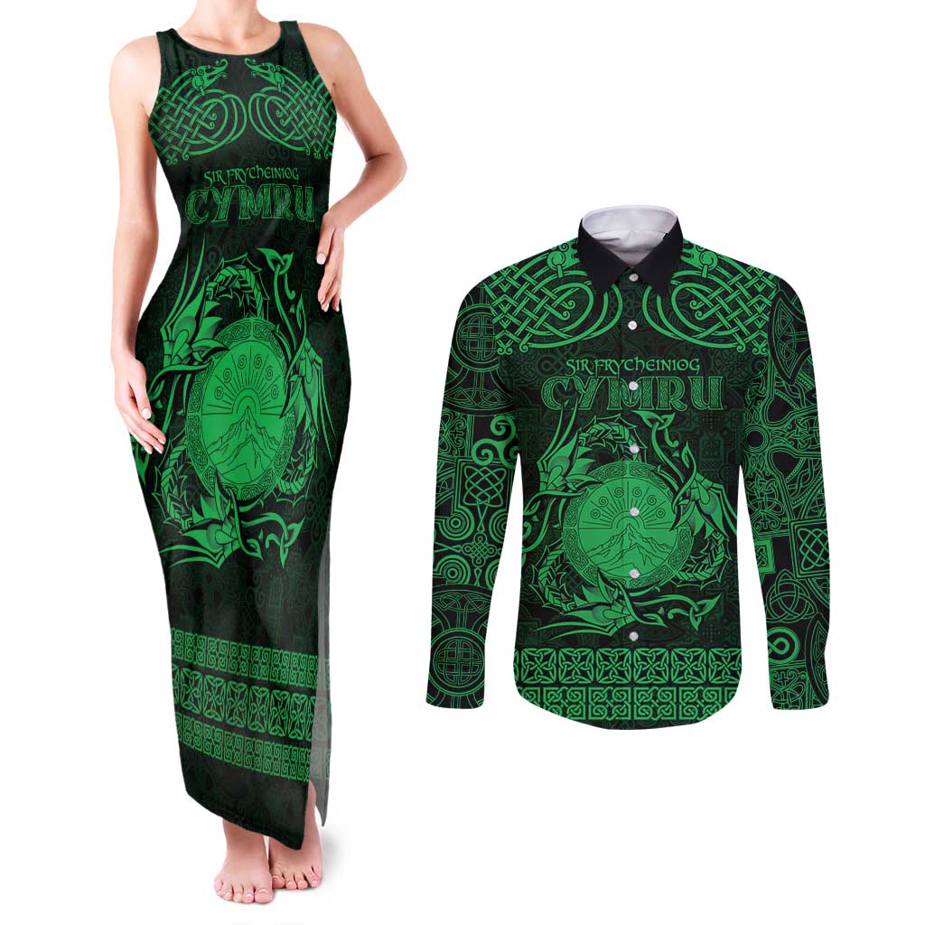 Personalized Brecknockshire Sir Frycheiniog Couples Matching Tank Maxi Dress and Long Sleeve Button Shirt Green Brecon Beacons Mountain Celtic-inspired - Wonder Print Shop