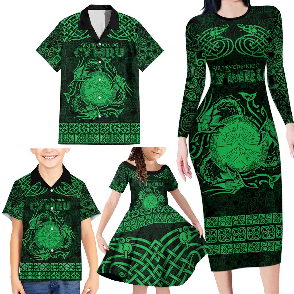 Personalized Brecknockshire Sir Frycheiniog Family Matching Long Sleeve Bodycon Dress and Hawaiian Shirt Green Brecon Beacons Mountain Celtic-inspired - Wonder Print Shop