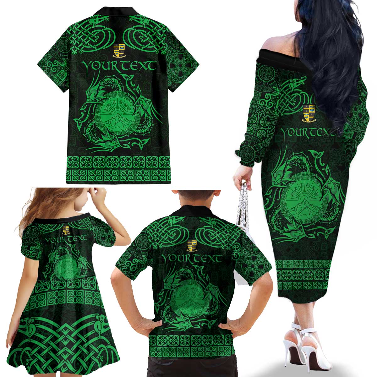 Personalized Brecknockshire Sir Frycheiniog Family Matching Off The Shoulder Long Sleeve Dress and Hawaiian Shirt Green Brecon Beacons Mountain Celtic-inspired - Wonder Print Shop