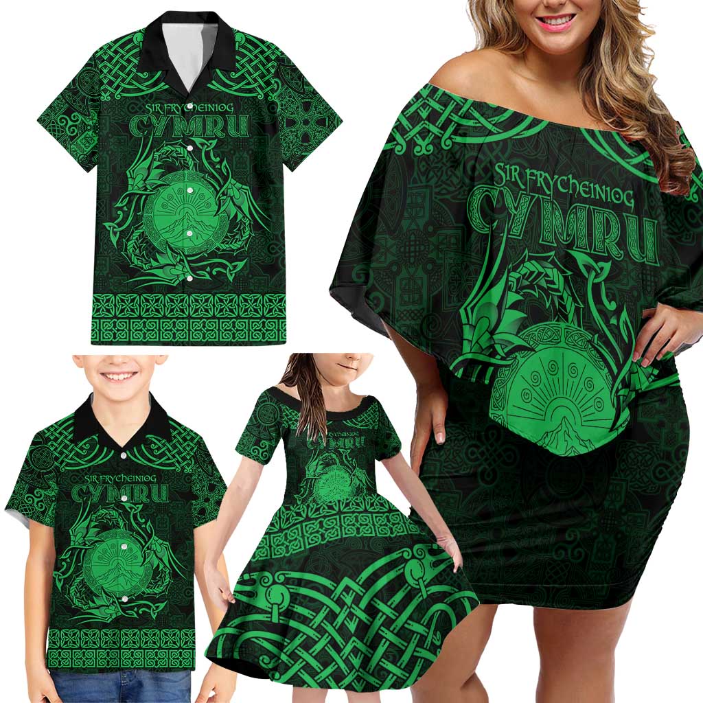 Personalized Brecknockshire Sir Frycheiniog Family Matching Off Shoulder Short Dress and Hawaiian Shirt Green Brecon Beacons Mountain Celtic-inspired - Wonder Print Shop