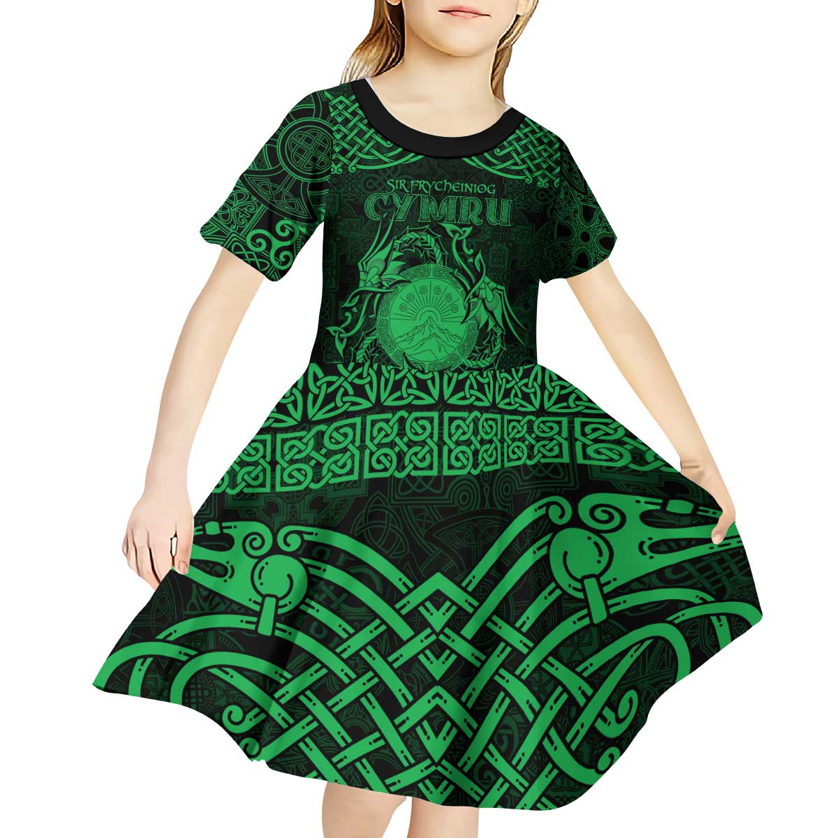 Personalized Brecknockshire Sir Frycheiniog Kid Short Sleeve Dress Green Brecon Beacons Mountain Celtic-inspired - Wonder Print Shop