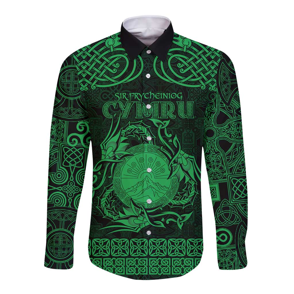 Personalized Brecknockshire Sir Frycheiniog Long Sleeve Button Shirt Green Brecon Beacons Mountain Celtic-inspired - Wonder Print Shop