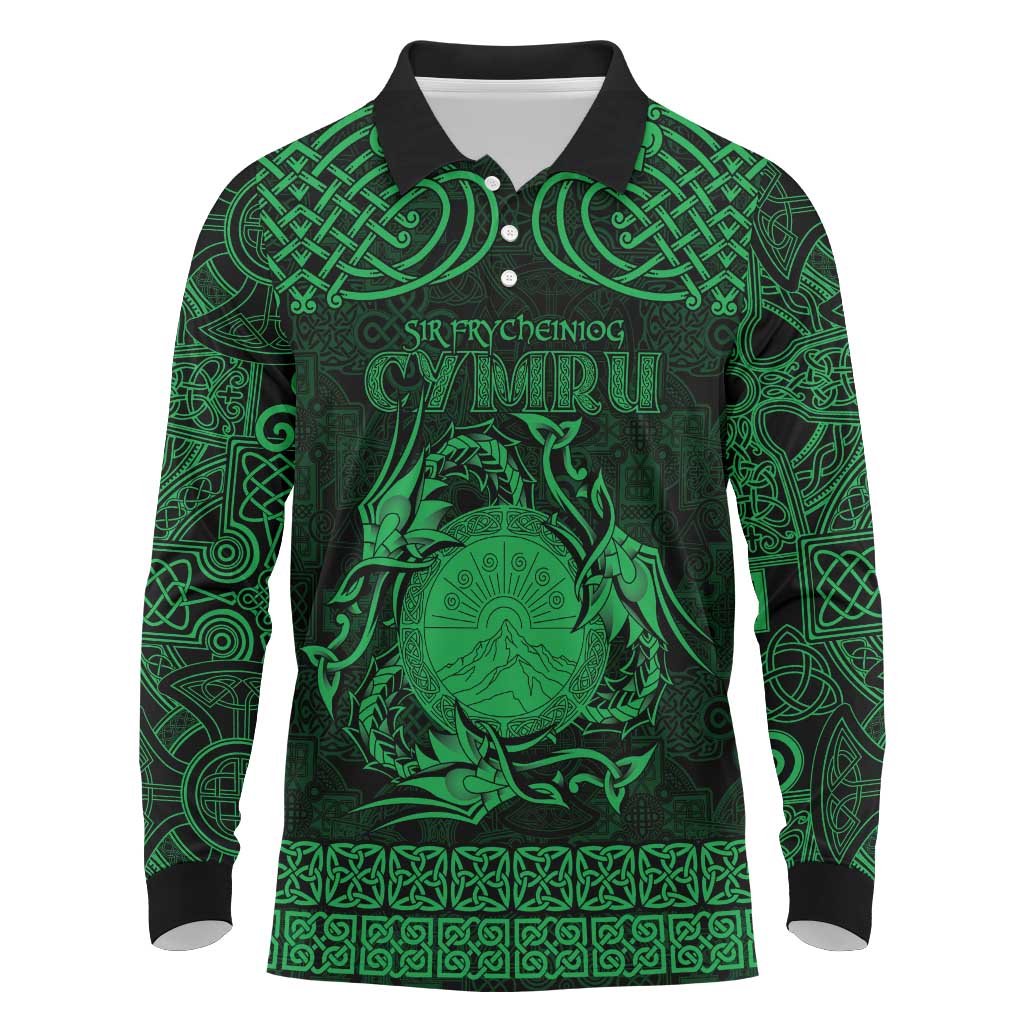 Personalized Brecknockshire Sir Frycheiniog Long Sleeve Polo Shirt Green Brecon Beacons Mountain Celtic-inspired - Wonder Print Shop