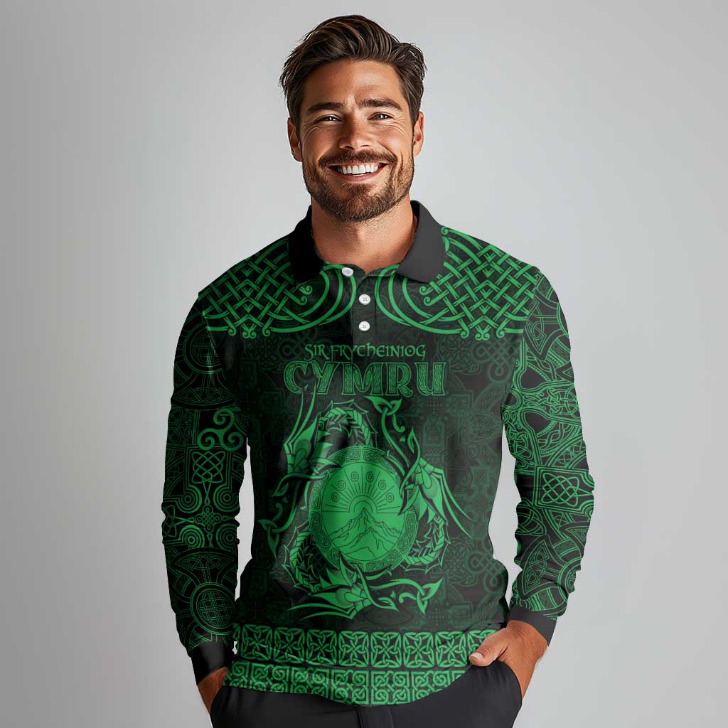 Personalized Brecknockshire Sir Frycheiniog Long Sleeve Polo Shirt Green Brecon Beacons Mountain Celtic-inspired - Wonder Print Shop