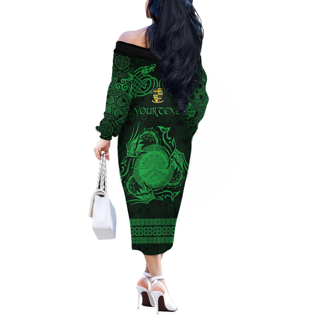 Personalized Brecknockshire Sir Frycheiniog Off The Shoulder Long Sleeve Dress Green Brecon Beacons Mountain Celtic-inspired - Wonder Print Shop