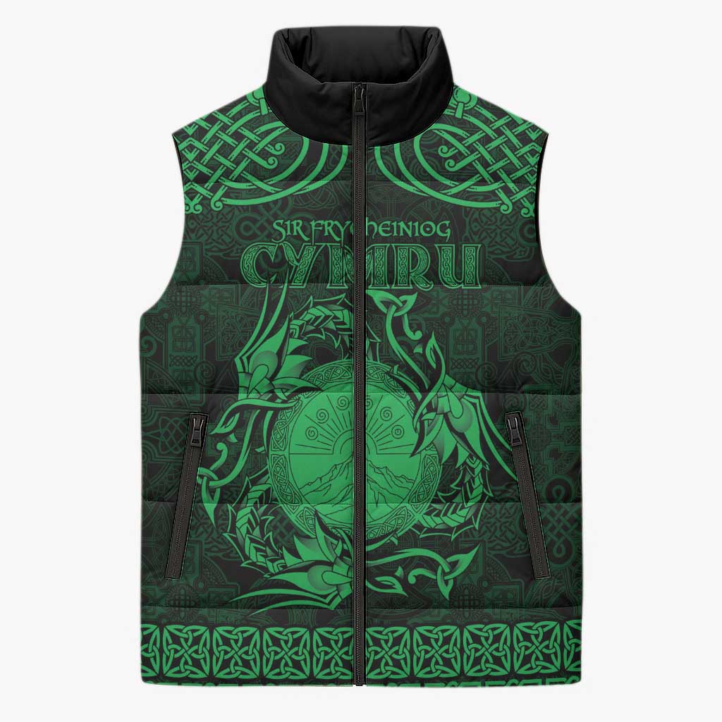 Personalized Brecknockshire Sir Frycheiniog Sleeveless Puffer Jacket Green Brecon Beacons Mountain Celtic-inspired - Wonder Print Shop