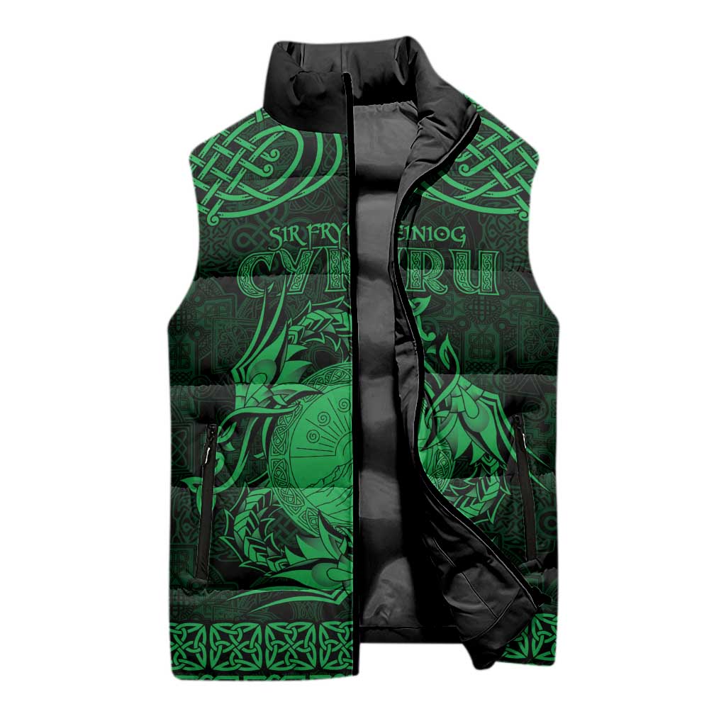 Personalized Brecknockshire Sir Frycheiniog Sleeveless Puffer Jacket Green Brecon Beacons Mountain Celtic-inspired - Wonder Print Shop
