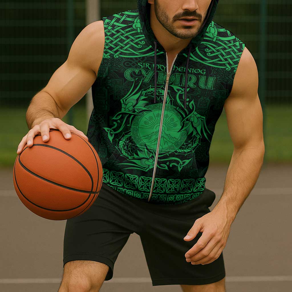 Personalized Brecknockshire Sir Frycheiniog Sleeveless Zip Hoodie Green Brecon Beacons Mountain Celtic-inspired - Wonder Print Shop