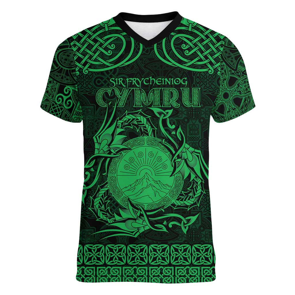 Personalized Brecknockshire Sir Frycheiniog Women V-Neck T-Shirt Green Brecon Beacons Mountain Celtic-inspired - Wonder Print Shop