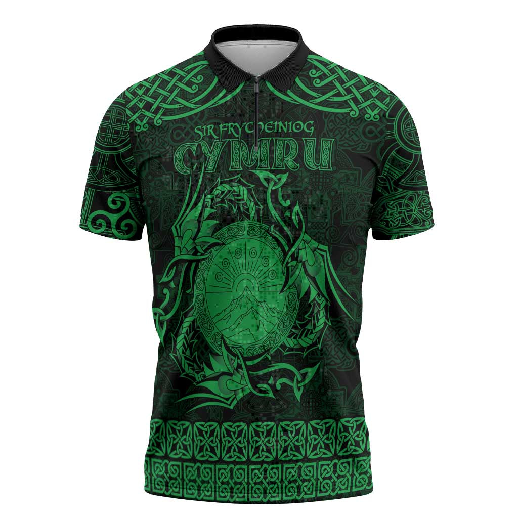 Personalized Brecknockshire Sir Frycheiniog Zipper Polo Shirt Green Brecon Beacons Mountain Celtic-inspired - Wonder Print Shop