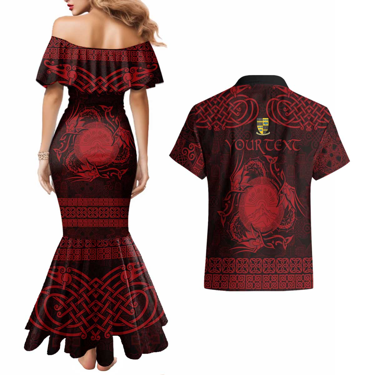 Personalized Brecknockshire Sir Frycheiniog Couples Matching Mermaid Dress and Hawaiian Shirt Red Brecon Beacons Mountain Celtic-inspired - Wonder Print Shop