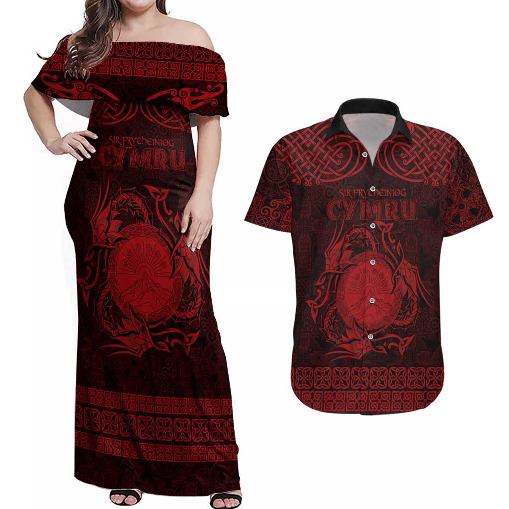 Personalized Brecknockshire Sir Frycheiniog Couples Matching Off Shoulder Maxi Dress and Hawaiian Shirt Red Brecon Beacons Mountain Celtic-inspired - Wonder Print Shop