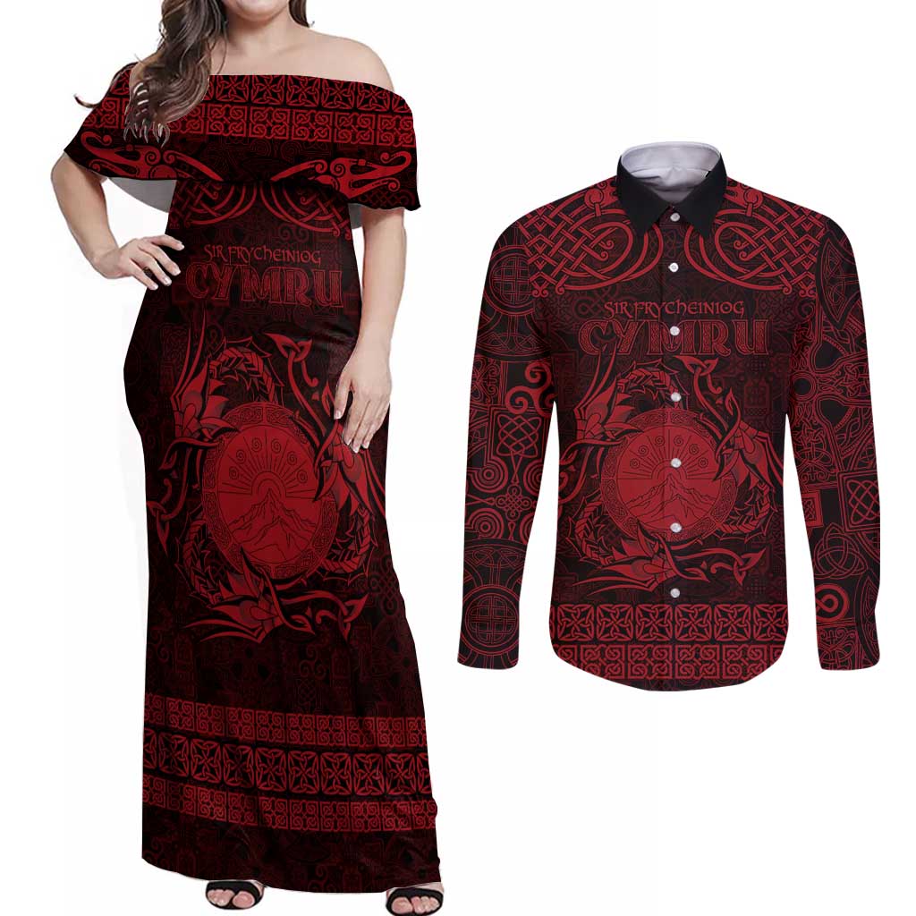 Personalized Brecknockshire Sir Frycheiniog Couples Matching Off Shoulder Maxi Dress and Long Sleeve Button Shirt Red Brecon Beacons Mountain Celtic-inspired - Wonder Print Shop