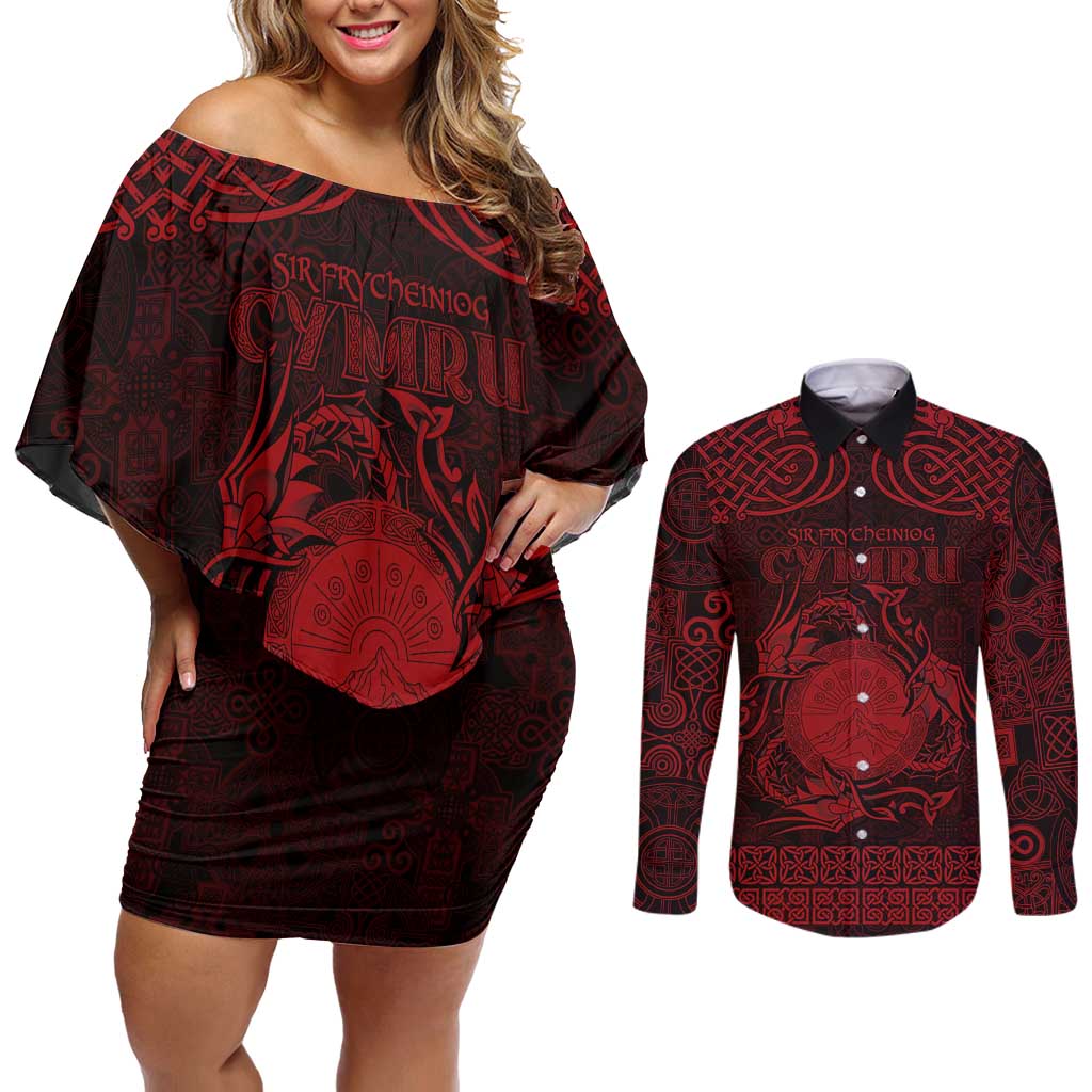 Personalized Brecknockshire Sir Frycheiniog Couples Matching Off Shoulder Short Dress and Long Sleeve Button Shirt Red Brecon Beacons Mountain Celtic-inspired - Wonder Print Shop